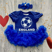 Load image into Gallery viewer, England, the three lions Blue Football Tutu dress with white design and matching headband.