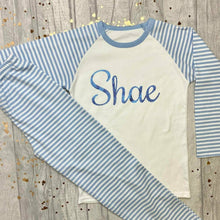 Load image into Gallery viewer, Personalised Blue and White Boys Pyjamas With Blue Glitter Text