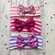 Load image into Gallery viewer, Baby Girl Multi Coloured Striped Headband with Light Pink, Dark Pink or Purple Sequin Glitter Bow