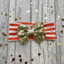 Load image into Gallery viewer, Baby Girl Orange Striped Headband with Gold or Rose Gold Sequin Glitter Bow