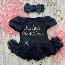 Load image into Gallery viewer, Baby Girls short sleeve black tutu romper with matching bow headband above. The tutu romper features silver glitter script text saying My Little Black Dress