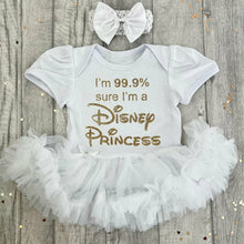 Load image into Gallery viewer, I'm 99.9% Sure I'm A Disney Princess baby girl White Tutu Romper with Matching Headband and Gold design