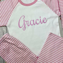 Load image into Gallery viewer, Personalised Pink and White Girls Pyjamas With Pink Glitter Text