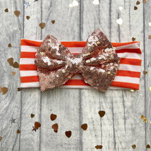 Load image into Gallery viewer, Baby Girl Orange Striped Headband with Gold or Rose Gold Sequin Glitter Bow