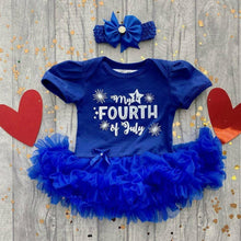 Load image into Gallery viewer, 'My 1st Fourth of July' Baby Girl Tutu Romper With Matching Bow Headband, White Glitter