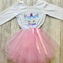 Load image into Gallery viewer, Personalised Unicorn Girl's White and Pink Long Sleeved Tutu Dress, Birthday
