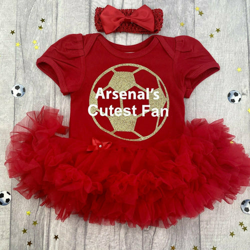Arsenal's Cutest Fan Tutu Romper, Featuring Gold football design with white lettering. With matching red bow clip headband, The gunners 
