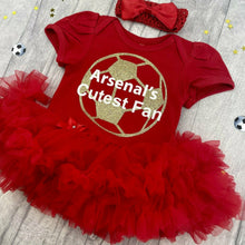 Load image into Gallery viewer, Arsenal's Cutest Fan Tutu Romper, Featuring Gold football design with white lettering. With matching red bow clip headband, The gunners