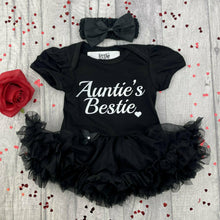 Load image into Gallery viewer, Auntie's Bestie. Baby Girl Tutu Romper With Matching Bow Headband white glitter design.
