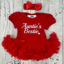 Load image into Gallery viewer, Auntie's Bestie. Baby Girl Tutu Romper With Matching Bow Headband white glitter design.