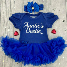 Load image into Gallery viewer, Auntie's Bestie. Baby Girl Tutu Romper With Matching Bow Headband white glitter design.