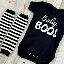 Load image into Gallery viewer, Newborn Halloween Ghost Bodysuit With Black & White Striped Legwarmers