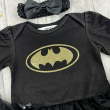 Load image into Gallery viewer, Baby Girl Batman, Black Tutu Romper with Bow Headband