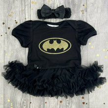 Load image into Gallery viewer, Batman Baby Girl Tutu Romper With Matching Bow Headband, Superhero, Baby Halloween