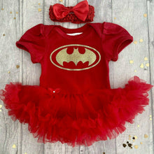 Load image into Gallery viewer, Batman Baby Girl Tutu Romper With Matching Bow Headband, Superhero, Baby Halloween