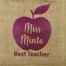 Load image into Gallery viewer, Personalised 'Best Teacher' Lunch Bag, Apple Design, Hessian/ Burlap Bag