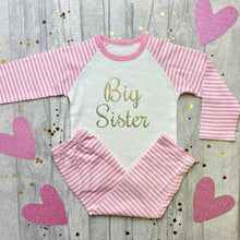 Load image into Gallery viewer, 'Big Sister' Pink And White Stripe Girls Pyjamas