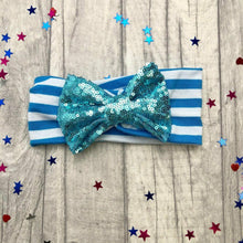 Load image into Gallery viewer, Baby Girl Multi Coloured Striped Headband with Light Blue or Navy Sequin Glitter Bow