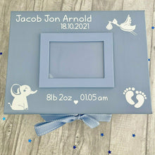 Load image into Gallery viewer, Personalised Newborn Keepsake Photo Box, Baby Details, Stork and Elephant Design A4 Size