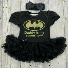 Load image into Gallery viewer, Baby Girl Batman Tutu Romper, Daddy is my Superhero, gold design