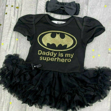 Load image into Gallery viewer, Baby Girl Batman Tutu Romper, Daddy is my Superhero, gold design