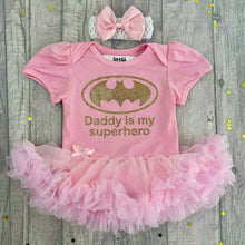 Load image into Gallery viewer, Baby Girl Batman Tutu Romper, Daddy is my Superhero, gold design