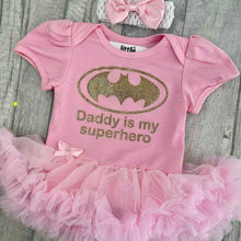 Load image into Gallery viewer, Baby Girl Batman Tutu Romper, Daddy is my Superhero, gold design
