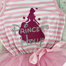 Load image into Gallery viewer, Personalised Princess Belle Outline Sleeveless Stripe Summer Girls Tutu Dress with Bow