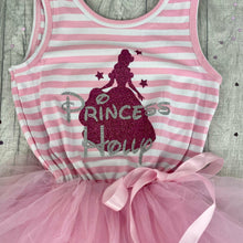 Load image into Gallery viewer, Personalised Princess Belle Outline Sleeveless Stripe Summer Girls Tutu Dress with Bow