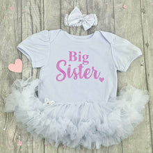 Load image into Gallery viewer, Big Sister / Little Sister Baby Girls White Tutu Romper with Matching Bow Headband