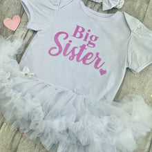 Load image into Gallery viewer, Big Sister / Little Sister Baby Girls White Tutu Romper with Matching Bow Headband