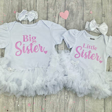 Load image into Gallery viewer, Big Sister / Little Sister Baby Girls White Tutu Romper with Matching Bow Headband