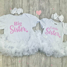Load image into Gallery viewer, Big Sister / Little Sister Baby Girls White Tutu Romper with Matching Bow Headband