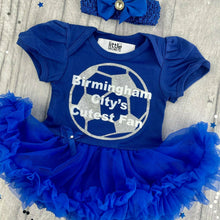 Load image into Gallery viewer, Birmingham City's Cutest Fan Baby girl Tutu Romper, featuring silver football and white text, Including matching blue headband with bow clip.