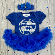 Load image into Gallery viewer, Birmingham City's Cutest Fan Baby girl Tutu Romper, featuring silver football and white text, Including matching blue headband with bow clip.