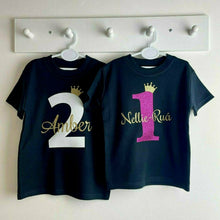 Load image into Gallery viewer, Number and Crown Personalised Birthday Black T-shirt Girls & Boys 1-5 years
