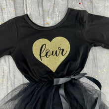 Load image into Gallery viewer, Girls Birthday Dress with Gold Glitter Heart, Black Long Sleeve Party Tutu Dress
