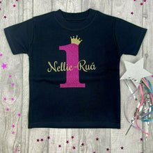 Load image into Gallery viewer, Number and Crown Personalised Birthday Black T-shirt Girls & Boys 1-5 years