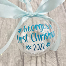 Load image into Gallery viewer, Baby's First Christmas Snow Filled Bauble, Snowflake Bauble, Baby Boys & Girls Bauble, Christmas Decoration/ Ornament