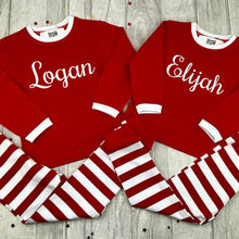 Load image into Gallery viewer, Personalised Red and White Wide Stripe Festive Pyjamas, White Glitter Script Style Name, Boys & Girls Christmas PJ's