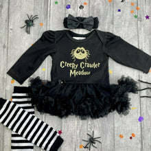 Load image into Gallery viewer, Personalised Baby Girl Spider Halloween Outfit, 'Creepy Crawler' Black Long Sleeve Tutu Romper Set