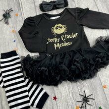 Load image into Gallery viewer, Personalised Baby Girl Spider Halloween Outfit, 'Creepy Crawler' Black Long Sleeve Tutu Romper Set