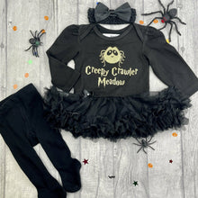 Load image into Gallery viewer, Personalised Baby Girl Spider Halloween Outfit, 'Creepy Crawler' Black Long Sleeve Tutu Romper Set