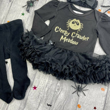 Load image into Gallery viewer, Personalised Baby Girl Spider Halloween Outfit, 'Creepy Crawler' Black Long Sleeve Tutu Romper Set