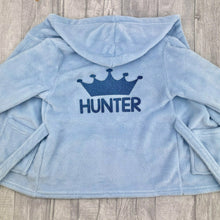 Load image into Gallery viewer, Personalised Crown Hooded Baby Dressing Gown/Robe in Blue