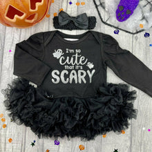 Load image into Gallery viewer, Baby Girl Halloween Outfit, I'm So Cute That It's Scary Long Sleeve Black Tutu Romper