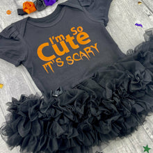 Load image into Gallery viewer, Baby Girl Halloween Costume, I'm so Cute its Scary Black Tutu Romper with Limited Headband