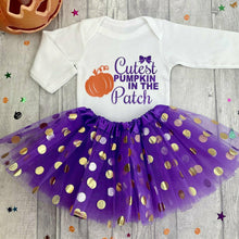 Load image into Gallery viewer, 'Cutest Pumpkin In The Patch' Long Sleeve Romper Halloween Set With Matching Purple Polka Dot Tutu Skirt