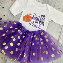 Load image into Gallery viewer, 'Cutest Pumpkin In The Patch' Long Sleeve Romper Halloween Set With Matching Purple Polka Dot Tutu Skirt