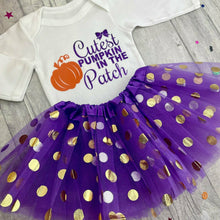 Load image into Gallery viewer, 'Cutest Pumpkin In The Patch' Long Sleeve Romper Halloween Set With Matching Purple Polka Dot Tutu Skirt